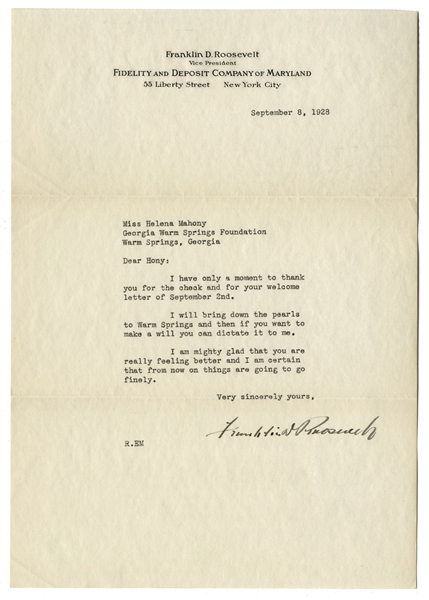 Franklin D. Roosevelt 1928 Letter Signed With His Full Signature -- FDR Writes to His Physical Therapist, ''...I will bring down the pearls to Warm Springs and then if you want to make a will...''
